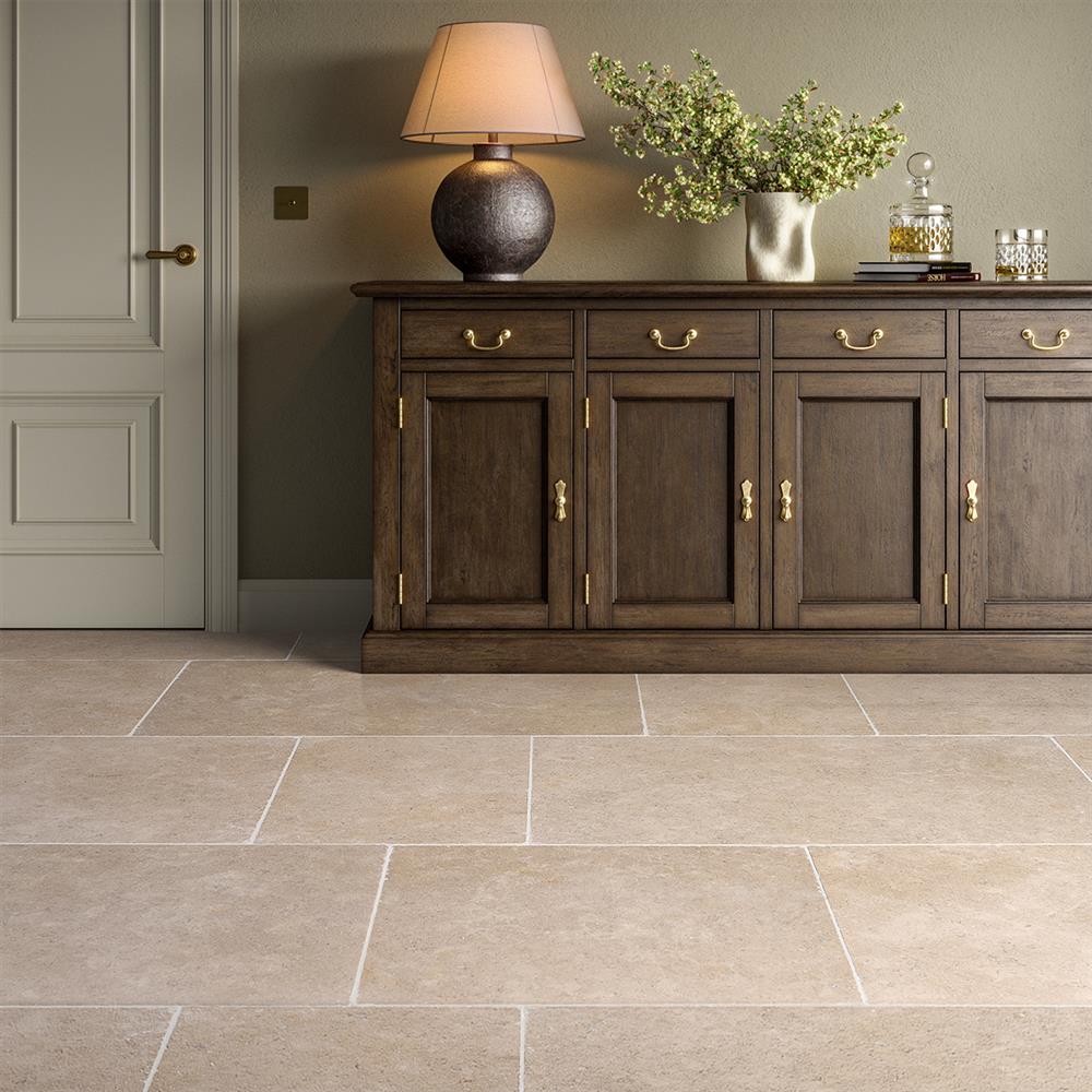 Dijon limestone floor tiles in a hallway